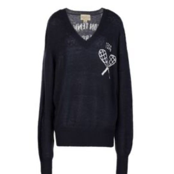 WILDFOX Hampton Tennis Club 1966 Semi Sheer Oversized Sweater Navy V-Neck Small - Picture 2 of 10
